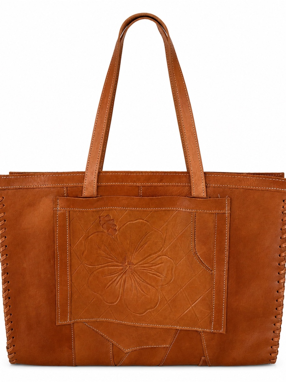 Handmade 100% Leather Floral Tooled Tote Bag | Artisan Boho Shoulder Bag | Large - Picture 2 of 11